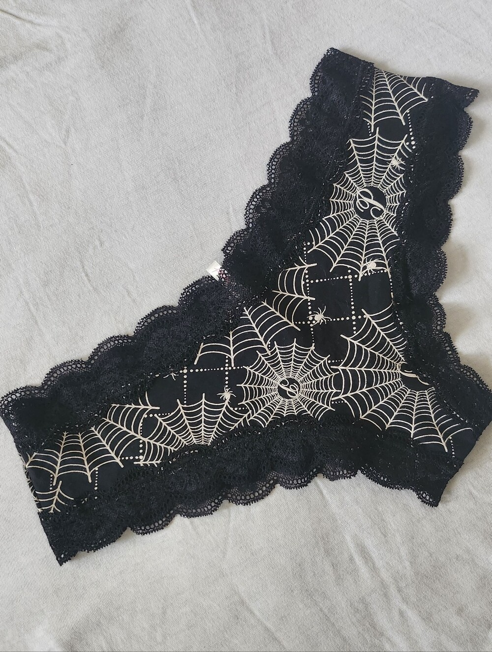 Victoria's Secret Cheekster Black Lace Halloween Spiderweb Print Size L